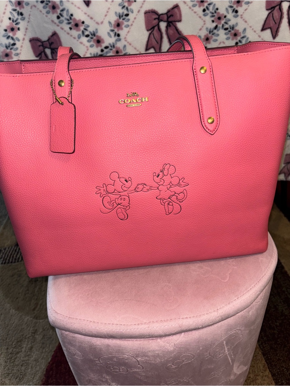 Coach Pink Pebbled Leather Mickey & Minnie Tote